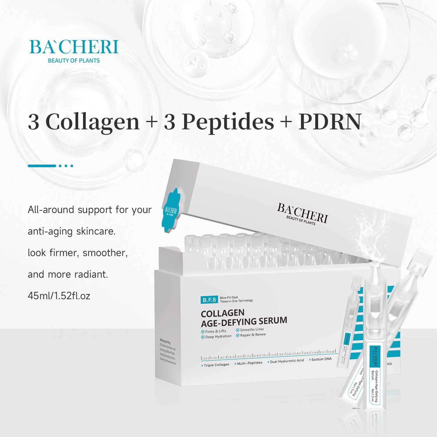 BACHERI Collagen Peptide Anti-Aging Serum with PDRN – Triple Collagen, Peptide Complex & Botanical Extracts for Firming, Hydration & Skin Barrier Repair – Ampoule Serum Set 1.5ml x 30