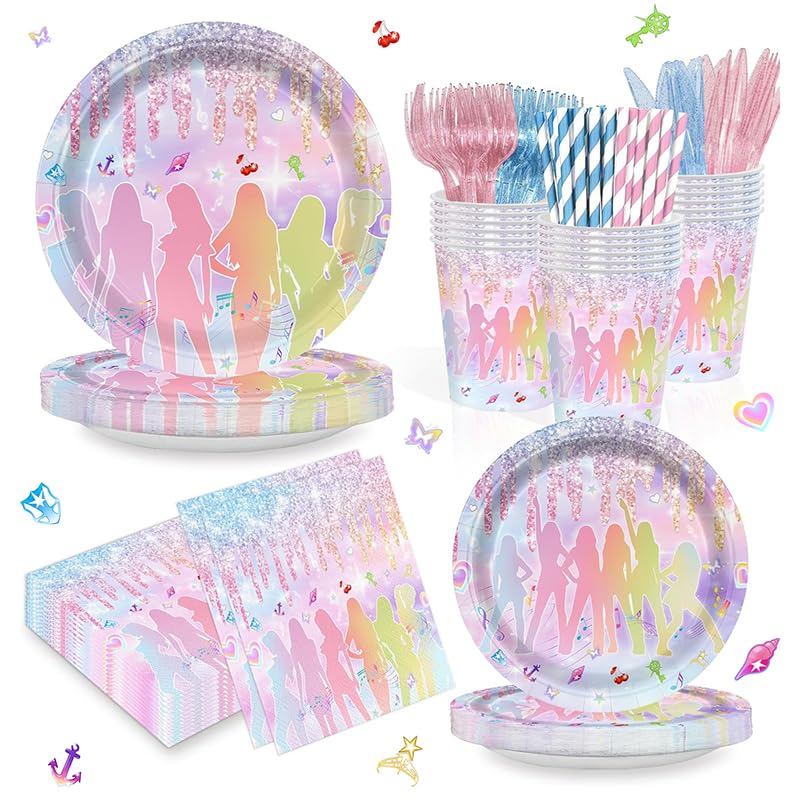 168PCS Katseye Music Girl Group Party Tableware Set for Girls & Fans - Pink & Blue, Serves 24, Gold Glitter Design, Birthday & Celebration Supplies - Variation: Music Girl Group