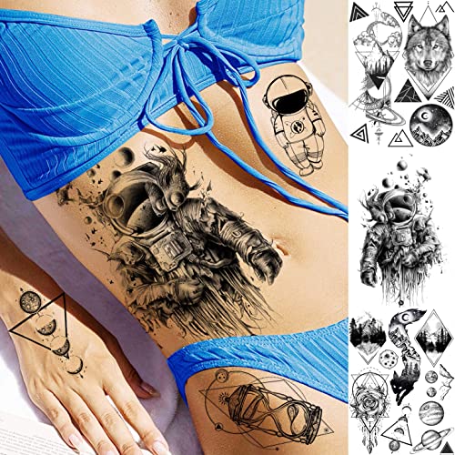 33 Sheets Outer Space Temporary Tattoos for Kids Boys Girl Women Men Adults Children, Geometry Astronaut Universe Fake Tattoo Star Moon Solar Syetem