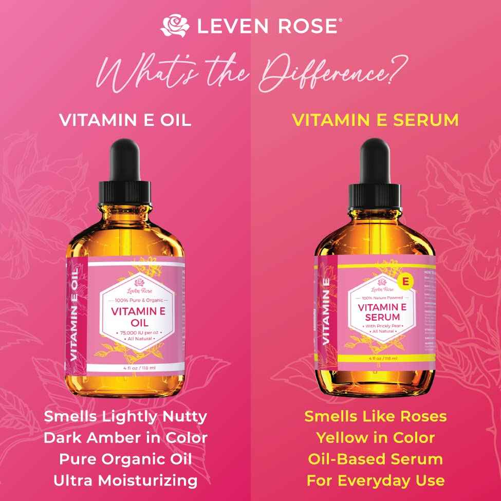 Leven Rose Vitamin E Oil Serum 100% Pure Organic All Natural for Face, Dry Skin Moisturizer, Hair & Nail Growth, Pure Makeup Remover, Cleansing Oil Large 4 oz
