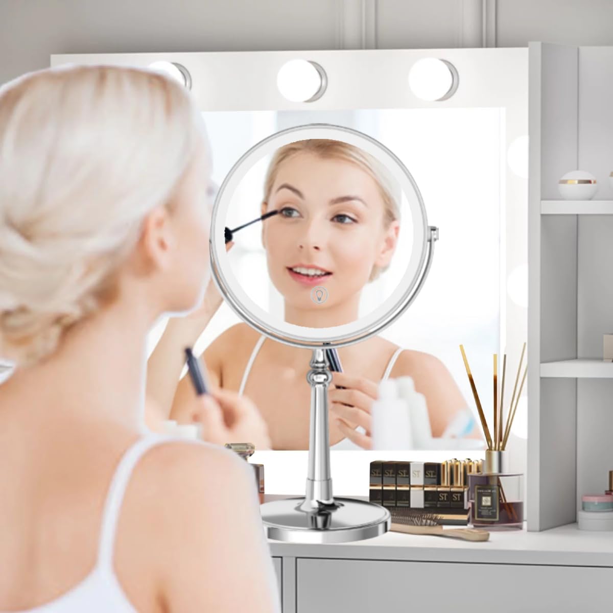 9" Large Make up Vanity Mirror with Lights Chrome Two Way Mirror 1x/10x Magnifying Mirror with Light and Stand 4000mAh Rechargeable Led Makeup Mirror for Desk Dresser Table