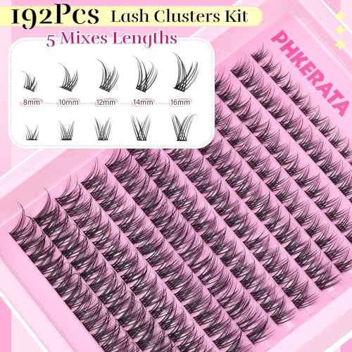 Wispy Lash Clusters Kit Natural Lash Extension Kit 192 pcs Cluster Eyelash Extension Kit DIY Individual Lashes Lashes with Lash Glue Bond and Seal Tweezers Soft Eyelash Clusters, 8-16 mm