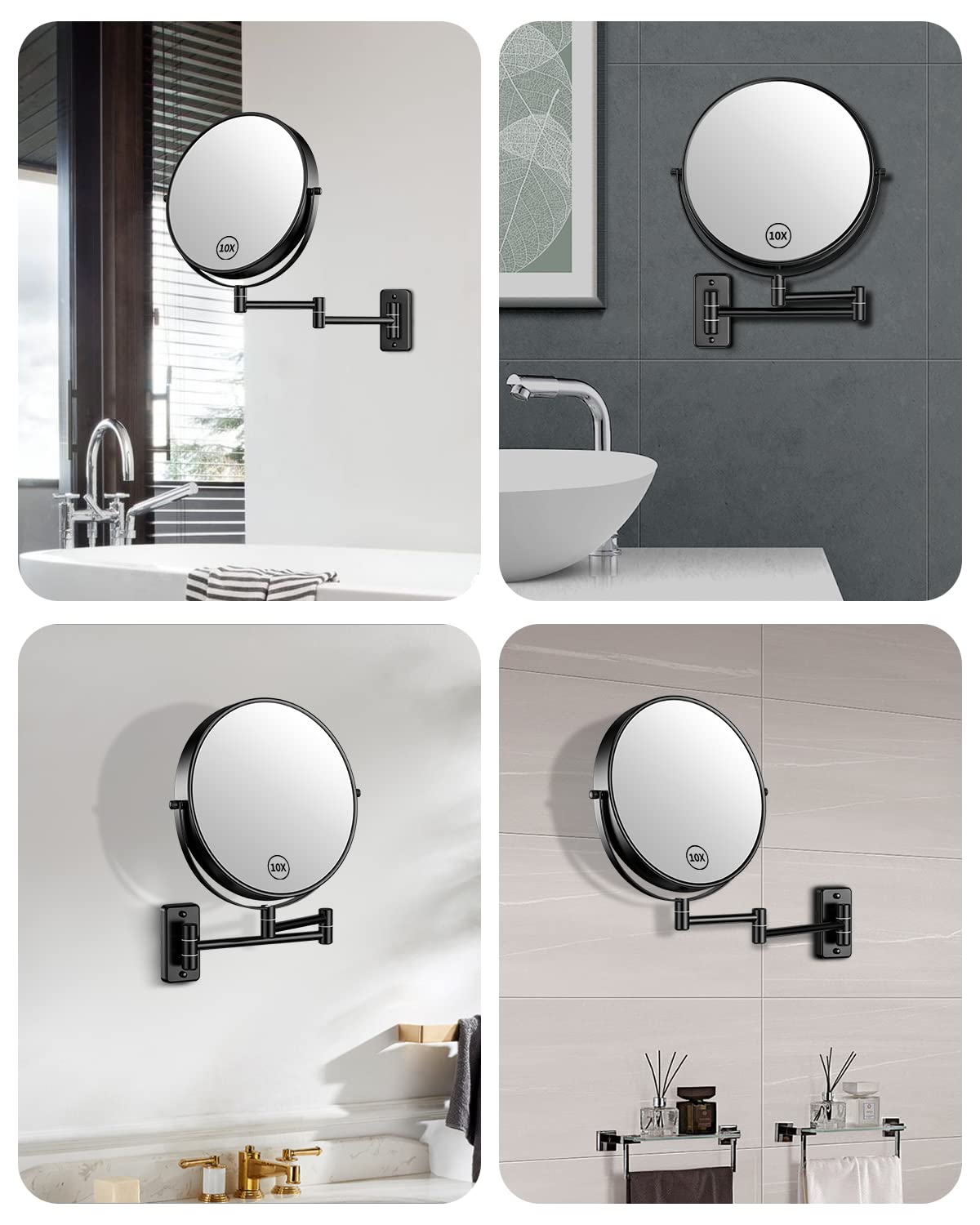 Gospire 9" Large Size Wall Mount Makeup Mirror with 1X/10X Magnification Double-Sided 360° Swivel Vanity Mirror，Black Polished Extendable Shaving Bathroom Wall Cosmetic Mirror for Men and Women