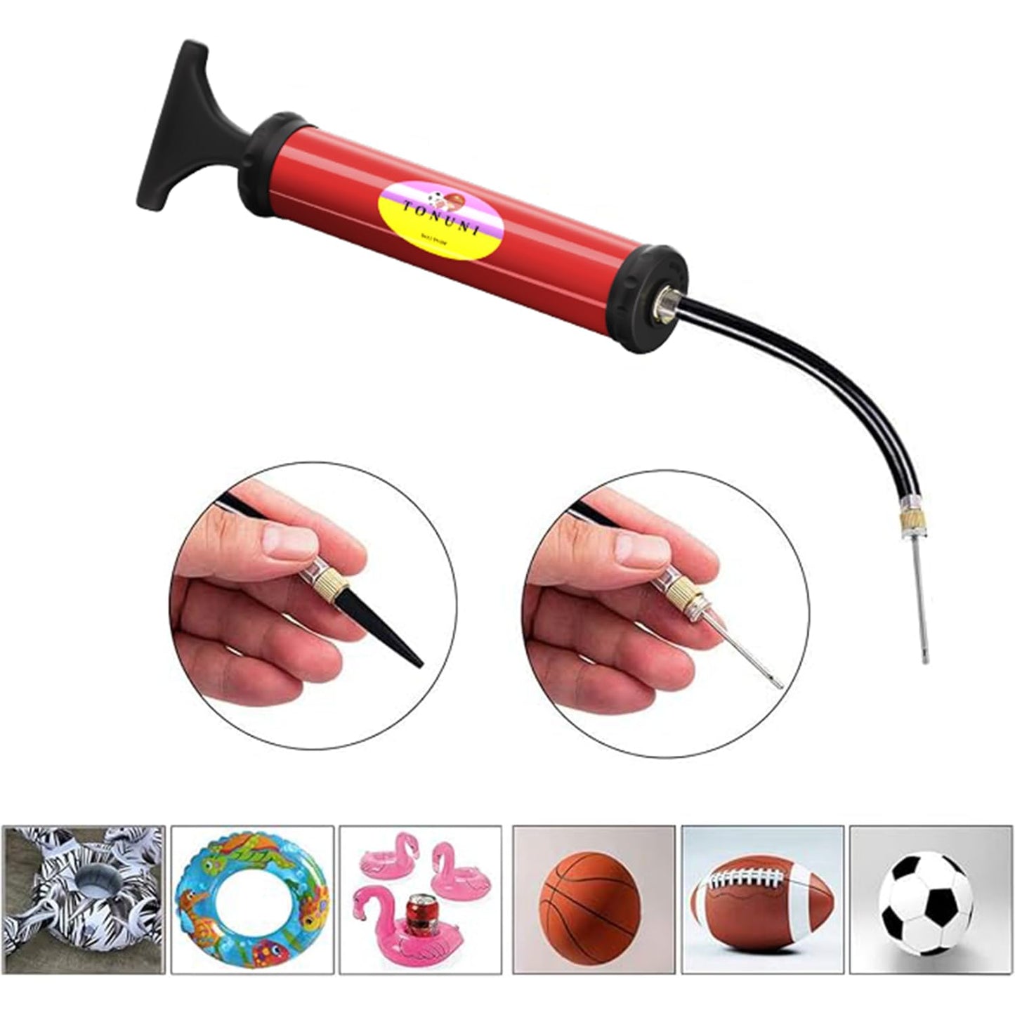 Portable Air Pump,Ball Pump Inflator Kit with Needle,Nozzle, Extension Hose for Soccer Basketball Football Volleyball Water Polo Rugby Exercise Sports Ball Balloon Swim Inflatables Red