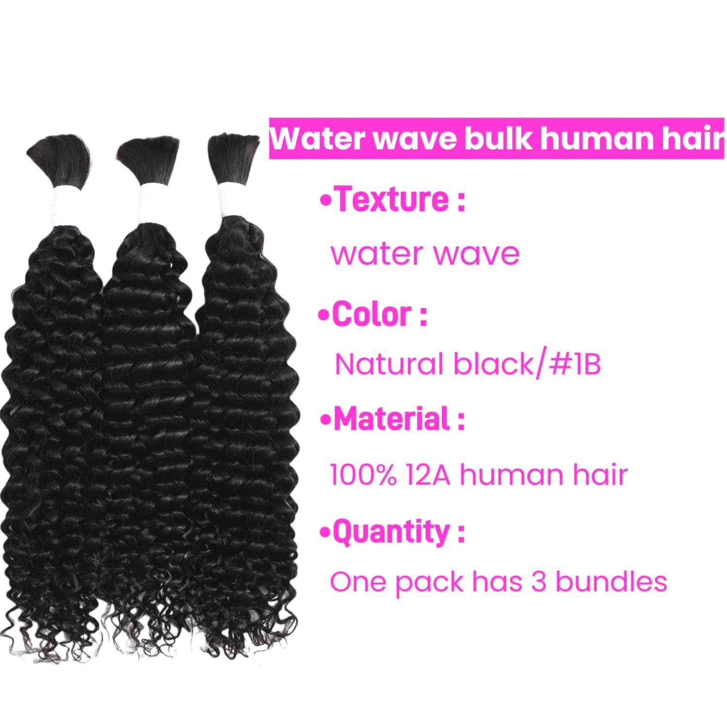 Human Braiding Hair for Boho Braids 3 Bundles 150g 14Inch Water Wave Human Hair Braiding Hair 12A Brazilian Virgin No Weft Hair Extensions for Bohemian Knotless Braids Bulk Human Hair for Braiding