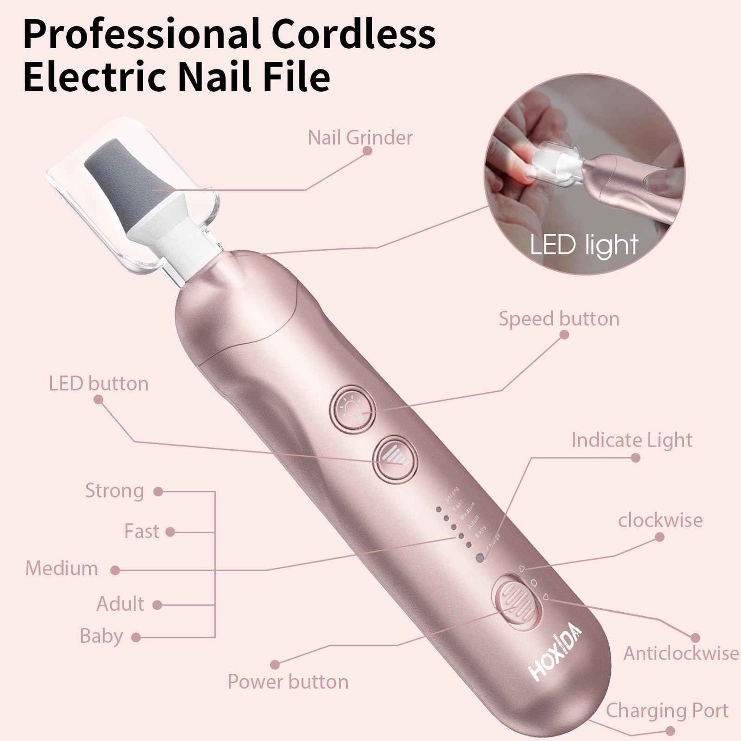 Manicure Pedicure Kit with Case, Professional Nail Grinder for Senior Thick Toenail, Cordless Electric Nail File, 5 Speeds Pedicure Tools for feet Callus Remover, Nail Drill for Women Hand Feet Care