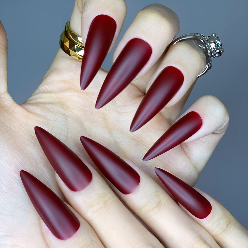 Redykat 24PCS XL Stiletto Matte Press On Nails, Salon Quality Nail Art, Extra Long Acrylic False Nails, Fake Nails, Home Quick Manicure (dark red)