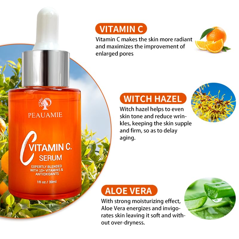 Peauamie Vitamin C Serum for Face Anti Aging Serum with 2% Hyaluronic Acid and 1% Retinol Ferulic Acid,Moisturizer Serum for Fine Lines and Wrinkles 1 fl oz