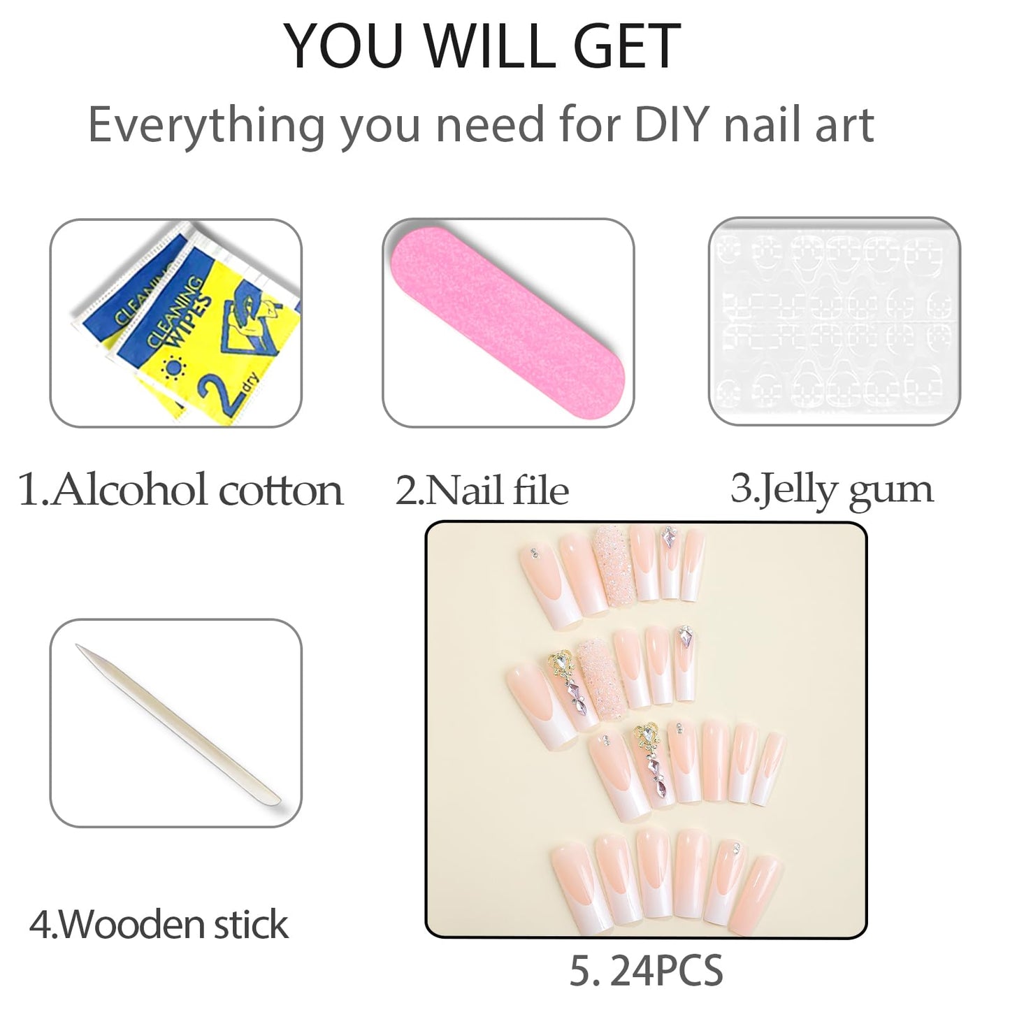 Long Press on Nails White French Tip Long Fake Nails Coffin Press on Nails Square False Nails with Glitter Diamond Charm Design Acrylic Nails Press on Artificial Nails Stick on Nails For Women-24Pcs