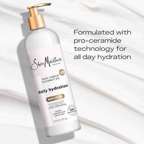 SheaMoisture Daily Hydration Body Lotion with 100% Virgin Coconut Oil, Shea Butter, Coconut Milk and Pro-Ceramides, Quickly Nourish & Soften Skin, 24H Moisturizing 16 oz