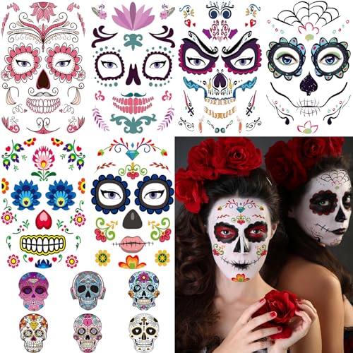 12-Pack Halloween Sugar Skull Face Tattoos, Day of Dead Temporary Makeup