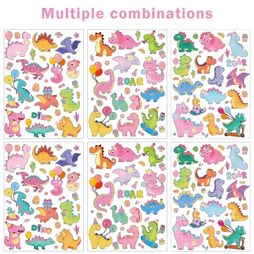 Three Rex Dinosaur Temporary Tattoos - 6 Sheets 180 Pcs Pink 3rd Birthday Decorations Cute Cartoon T-rex Tattoo Stickers for Dino Party Favors Decor Supplies