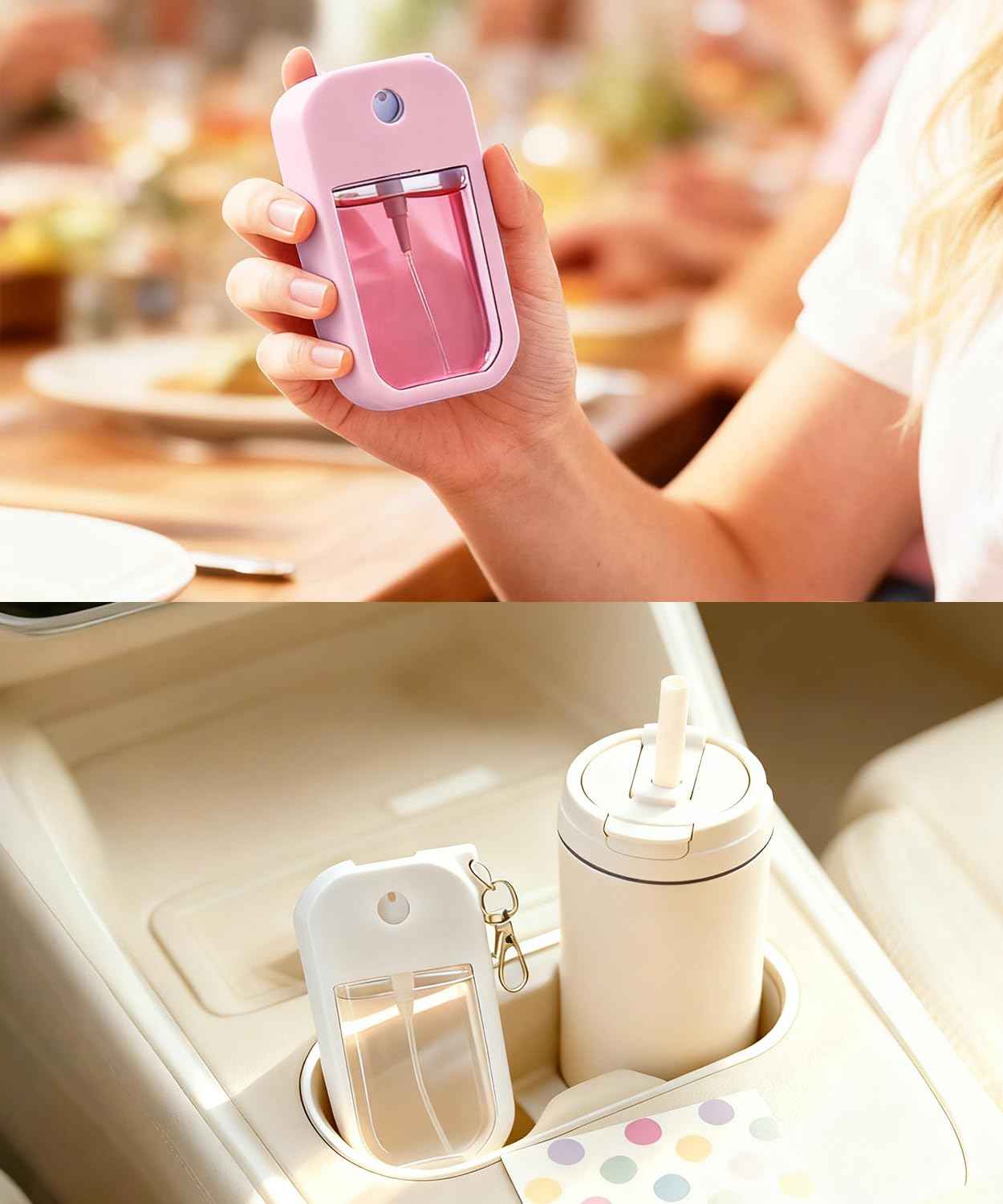 Adabuli 2 Sets Silicone Case Compatible with Touchland Hand Sanitizer Spray 1 FL. OZ./30 mL, Stylish Hand Sanitizer Mist Accessory with Portable Keychain (Pink, White)