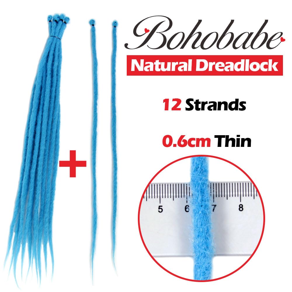 BOHOBABE 20" Thin Synthetic Dreadlock Extensions 0.6cm 12 Strands Soft Handmade Reggae Dreadlocks Extension 20 Inch Blue Dreads Loc (12 Strands,Blue)