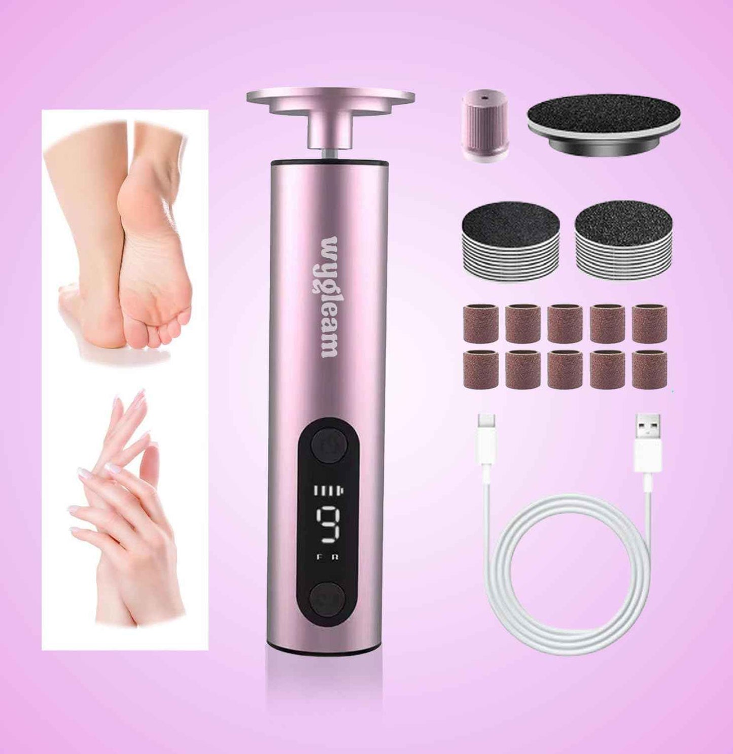 Wygleam Electric Callus Remover for Feet & Nail File Drill Kit - 2 in 1 Rechargeable Pedicure Tools for Flawless Feet - Professional Foot File with 3 Speeds for Dead Skin Removal - at Home Pedicure