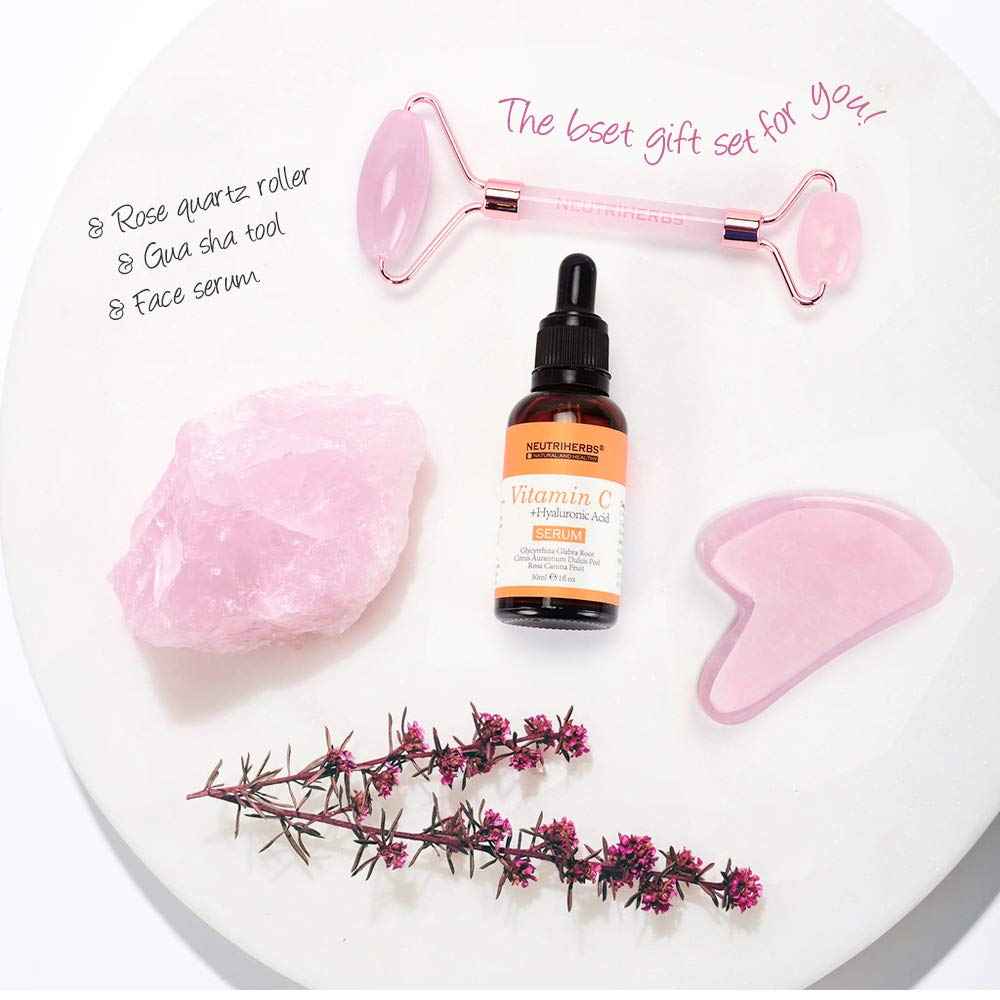 NEUTRIHERBS Jade Gua Sha & Face Roller & Vitamin C Serum Facial Tool Set(3 in 1 Kit), Home Face Massager for Wrinkle,Fine Line,Puffiness,Firm Smooth Relax Skin -- Pink