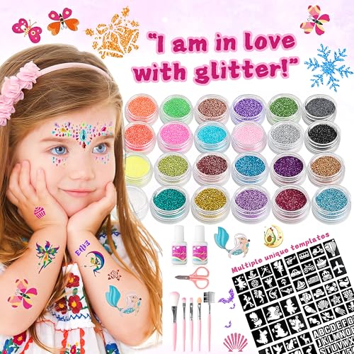 Glitter Tattoos Kit for Kids, 9 Face Gems, 24 Colors Glitter, 60 Tattoo Stickers, 64 Tattoo Stencils, 1008 Rhinestones, 5 Makeup Brushes, 2 Glue, 1 Mini Scissors, Great Holiday Gift for Girls & Boys.