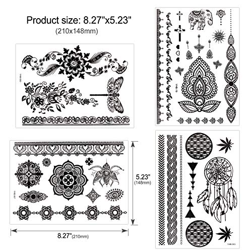 Konsait 10 Sheets Black Henna Temporary Tattoos for Women - Waterproof Festival Body Art Stickers