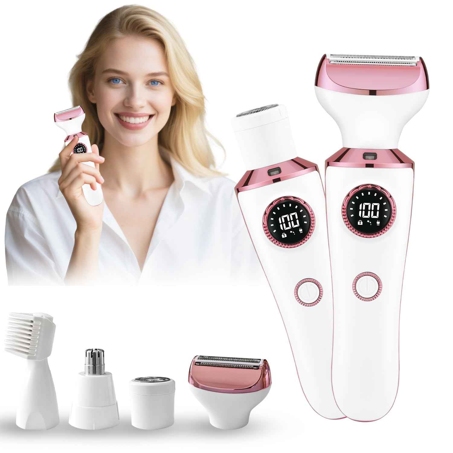 4-in-1 Electric Razor & Bikini Trimmer for Women - Rechargeable Wet/Dry Body Shaver for Face, Legs, Underarms, Pubic Hair, IPX6 Waterproof with LED Light & Travel Lock