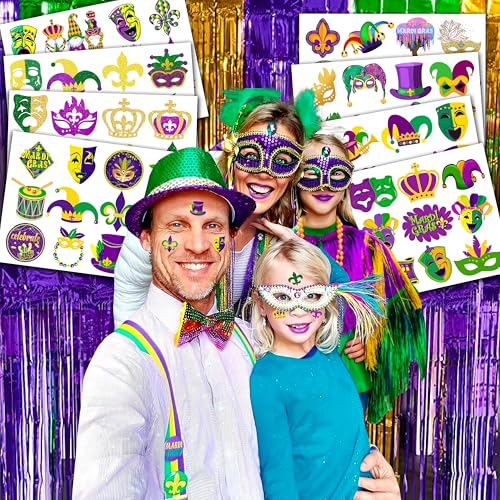 96 PCS Holiday Fat Tuesday Temporary Tattoos Birthday Theme Party Supplies Decorations Favors Decor Cute Mask Crown Tattoo Stickers for Class School Prizes Gift for Kids Boys Girls Carnival Holiday
