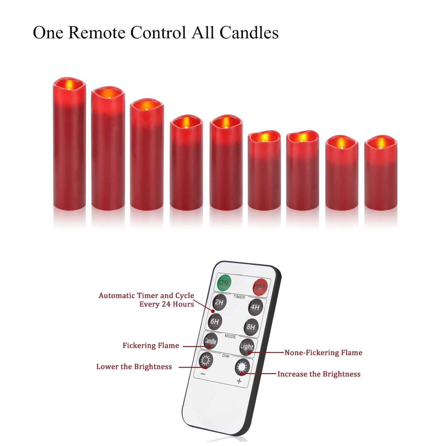 antizer Flameless Candles Led Candles Pack of 9 (H 4" 5" 6" 7" 8" 9" x D 2.2") Burgundy Real Wax Battery Candles with Remote Timer