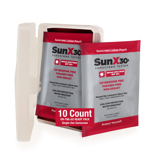 Sun X 30+ Travel Sunscreen Packets (0.25 Fl Oz.) with Carrying Case - Pack of 10 SPF 30 Paraben, Oxybenzone, & White Cast Free Travel Size Sunscreen Packets - Water & Sweat Resistant Up To 80 Minutes