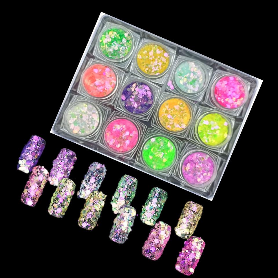 LuckForever 12 Colors Chunky Body Glitters Spring/Summer Collection Star River Glitter Glitter Mix Nail Glitter Flakes Illusion Candy Sequins Powder for Acrylic Nails Crafts Paints Resin Cosmetics