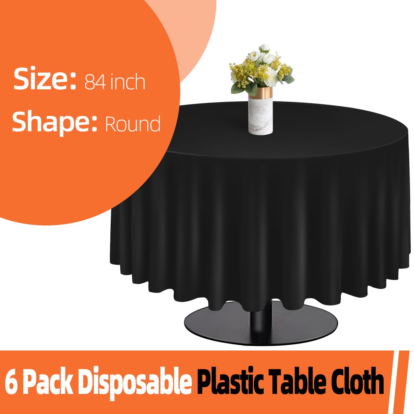 tujol Black 6 Pack Plastic Table Cloth 84", Disposable Round Tablecloth Table Cover, Plastic Table Cloths for Parties