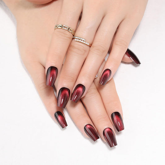 Dark Red Cat Eye Press on Nails Medium Coffin Fake Nails with Velvet & Glitter Designs KKUUOO Handmade False Nails Shiny Acrylic Nails Full Cover Glossy Stick on Nails for Women Girls 24Pcs