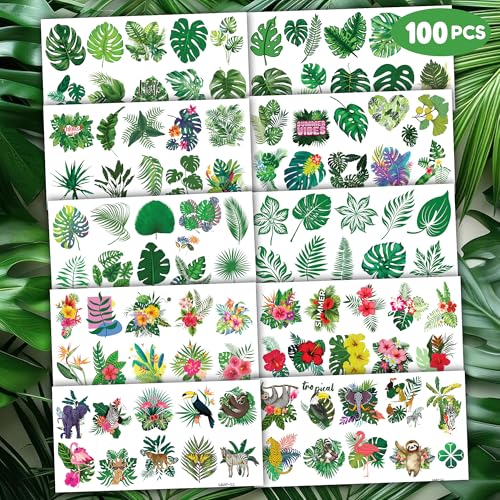 100 Tropical Leaf Temporary Tattoos - Monstera Palm Flower Party