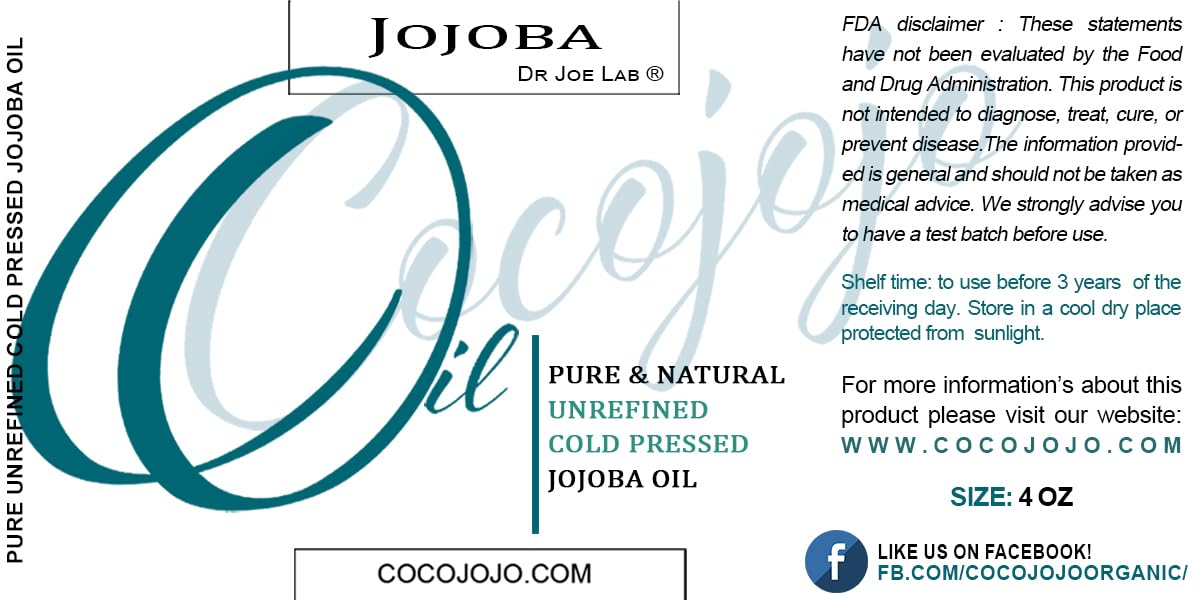 Jojoba Oil 4 oz 100% Pure Natural Cold Pressed Unrefined Extra Virgin - for Hair Skin Body Nail and Beard - Moisturizes, Soothes, Hydrates, & Nourishes