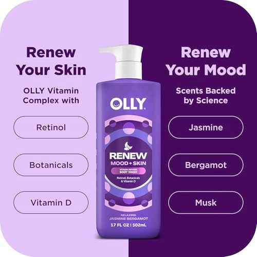 OLLY Renew Body Wash with Vitamin D, Retinol & Botanicals ? Nourishing Cleanser for Skin Barrier Repair, Deep Hydration, Jasmine Bergamot Scent, 17oz