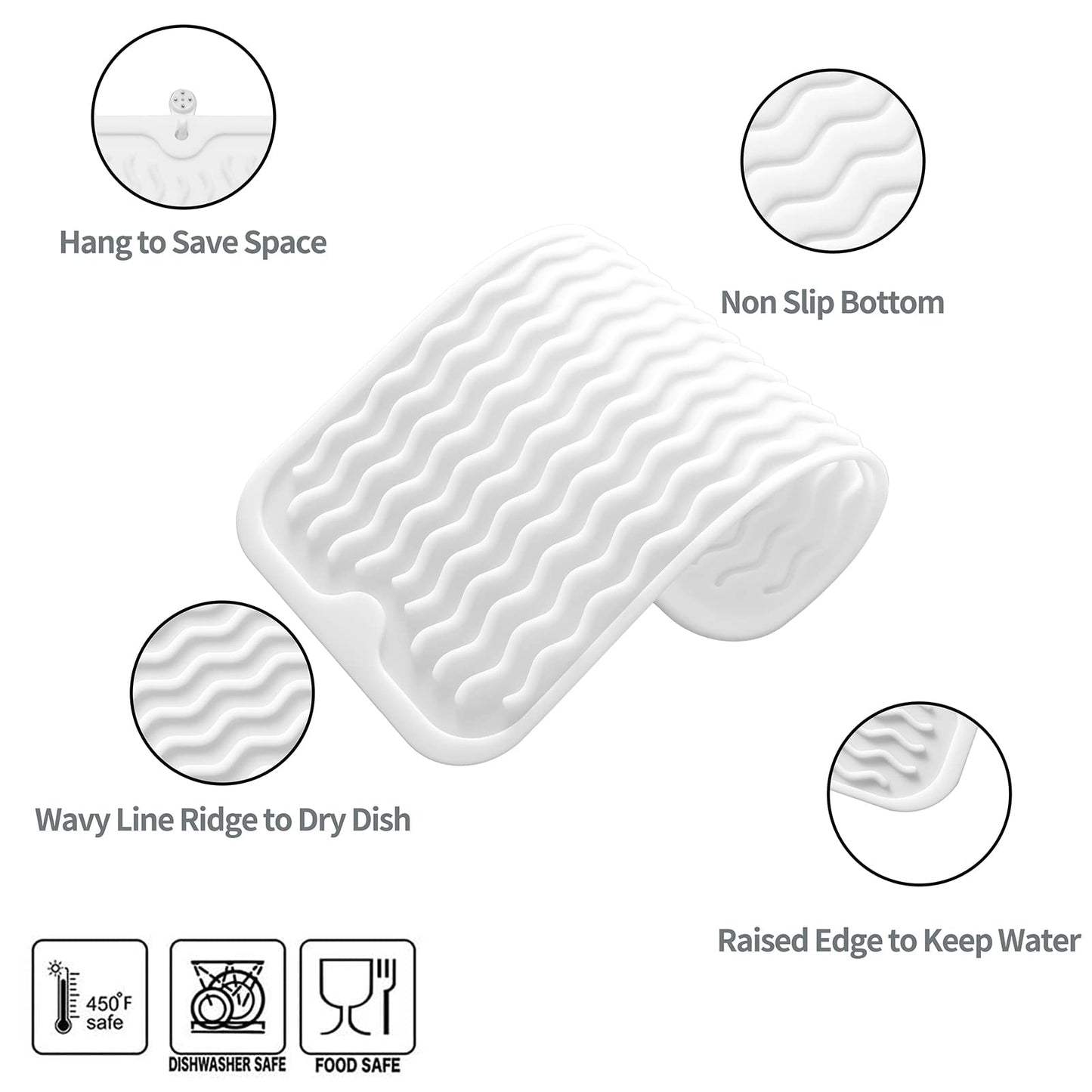 MicoYang Silicone Dish Drying Mat for Multiple Usage,Easy clean,Eco-friendly,Heat-resistant Silicone Mat for Kitchen Counter,Sink,Bar,Bottle,or Cup White S 12 inches x 6 inches