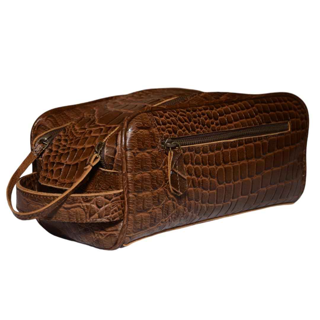 Premium Buffalo Leather Unisex Toiletry Bag Travel Kit (King Size )Shaving kit Accessories :Shaving Brush Case , Razor Protective Travel Case ( Combo of 4 Items) (Crocodile Print) (Croco Tan)