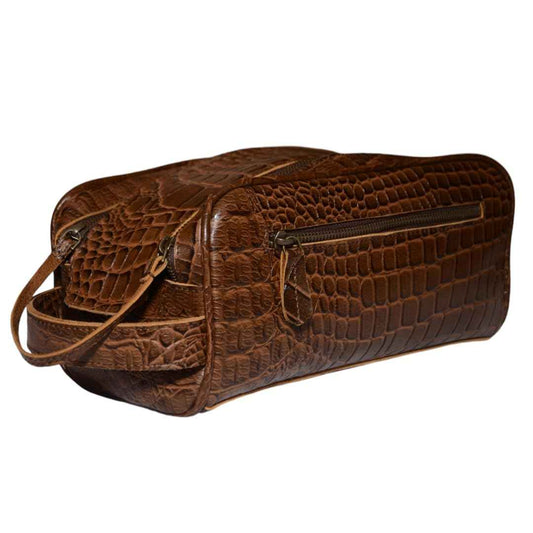 Premium Buffalo Leather Unisex Toiletry Bag Travel Kit (King Size )Shaving kit Accessories :Shaving Brush Case , Razor Protective Travel Case ( Combo of 4 Items) (Crocodile Print) (Croco Tan)