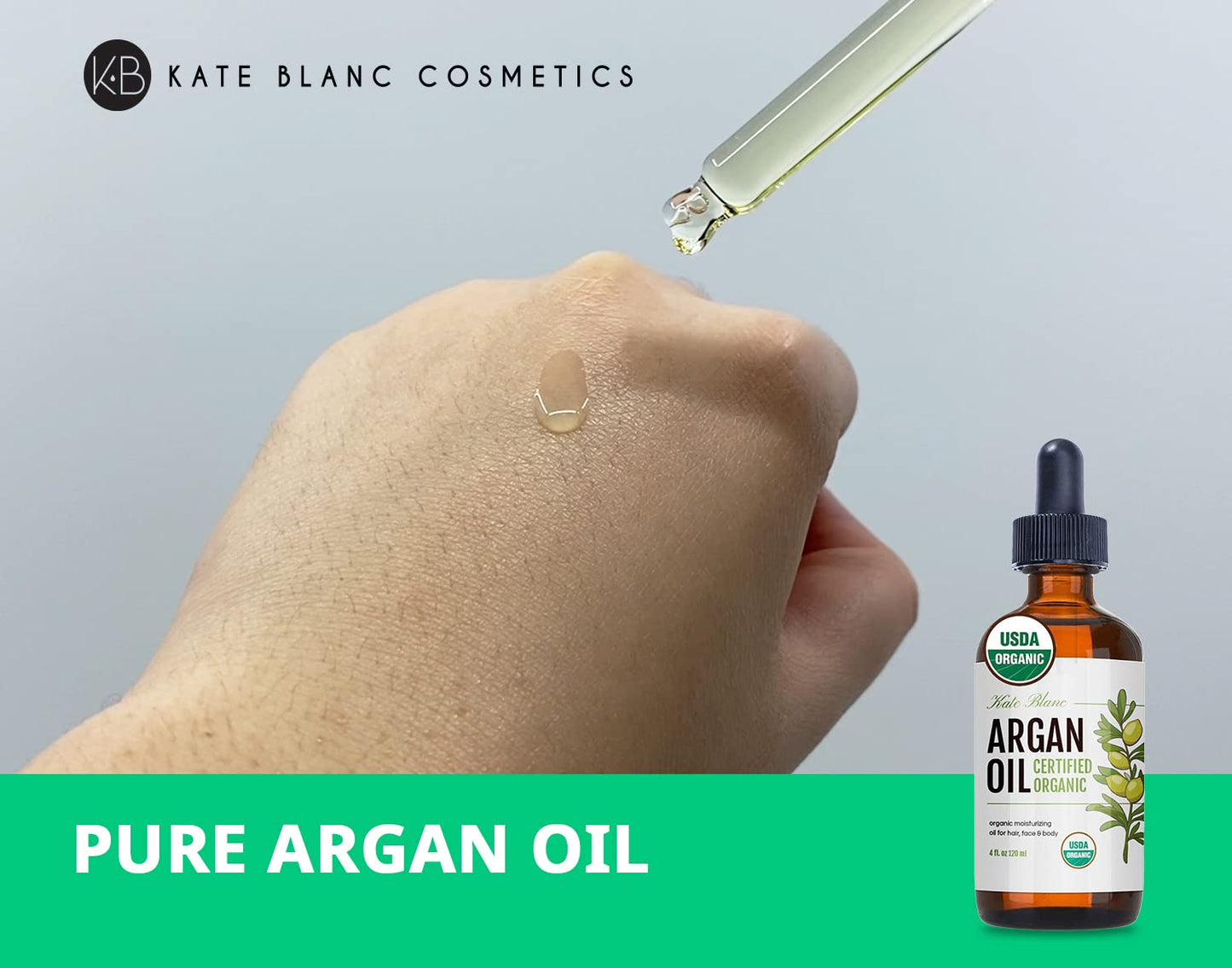 Kate Blanc Cosmetics Argan Oil for Hair and Skin Moisturizer (Light 4oz) 100% Pure Cold Pressed Organic Argan Hair Oil for Curly Frizzy Hair. Stimulate Growth for Dry Damaged Hair