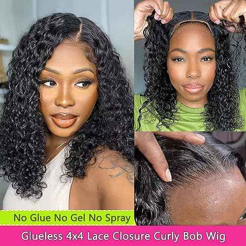 GOLFMAX Glueless Wigs Human Hair Pre Plucked Pre Cut 4X4 Lace Closure Bob Wig Human Hair Deep Wave Curly Short Bob Wig 14 Inch Wet and Wavy Lace Front Wigs With Elastic Band