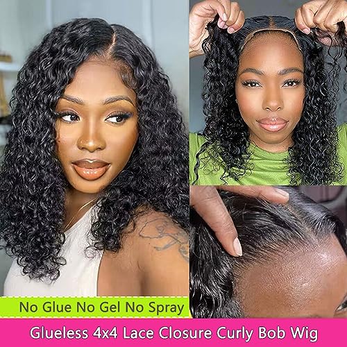 GOLFMAX Wear and Go Glueless Wigs Human Hair Pre Plucked Pre Cut Short Bob Wigs With Elastic Band For Black Women Deep Wave Curly 4x4 Closure Wig Water Wave Wigs Human Hair 12 Inch