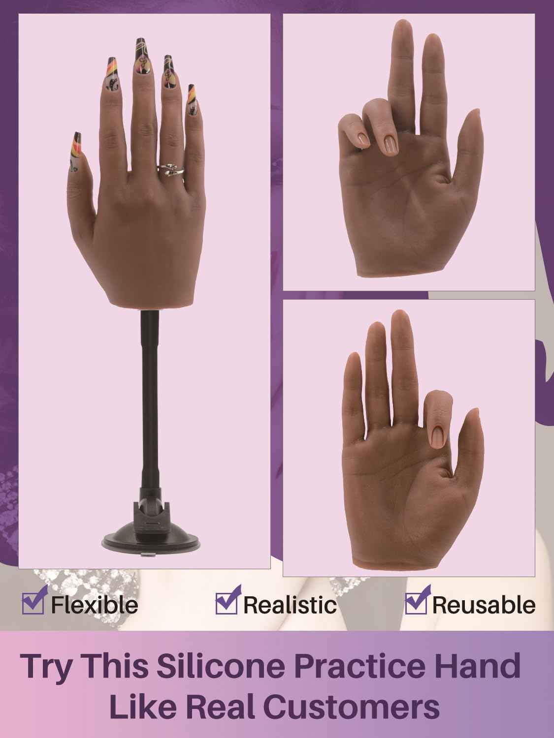 Silicone Practice Hand for Acrylic Nail, Dark Brown Nail Practice Hand with Bracket, Flexible Reusable Mannequin Hand for Nail Display, Acrylic Nail Training Hand for Manicure Beginner (color #5)