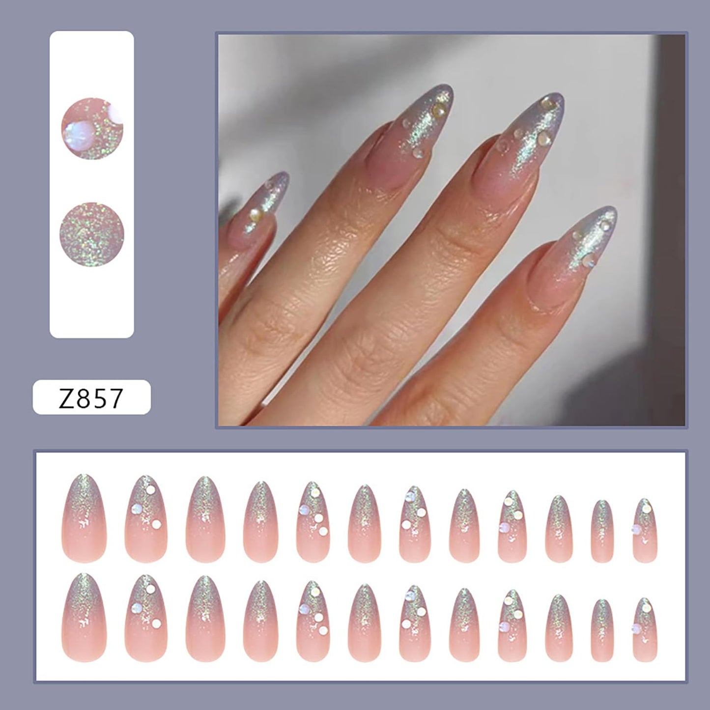 24Pcs Medium Press on Nails Silver Gradient Fake Nails Almond Shape Acrylic Nails Glitter French Tip Nails Full Cover Stick on Nails Cute False Nails with Designs Glue on Nails for Women Manicure