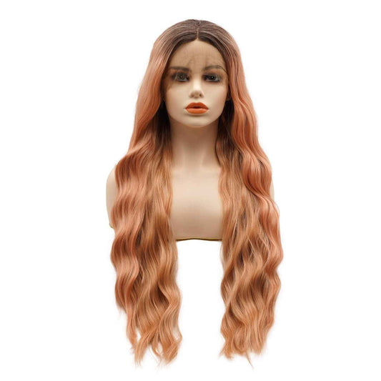 LUSHY BEAUTY Hair Synthetic Lace Front Wig Wavy Long 26inch Dark Root Rose Gold Ombre Heavy Density Heat Resistant Realistic Wig