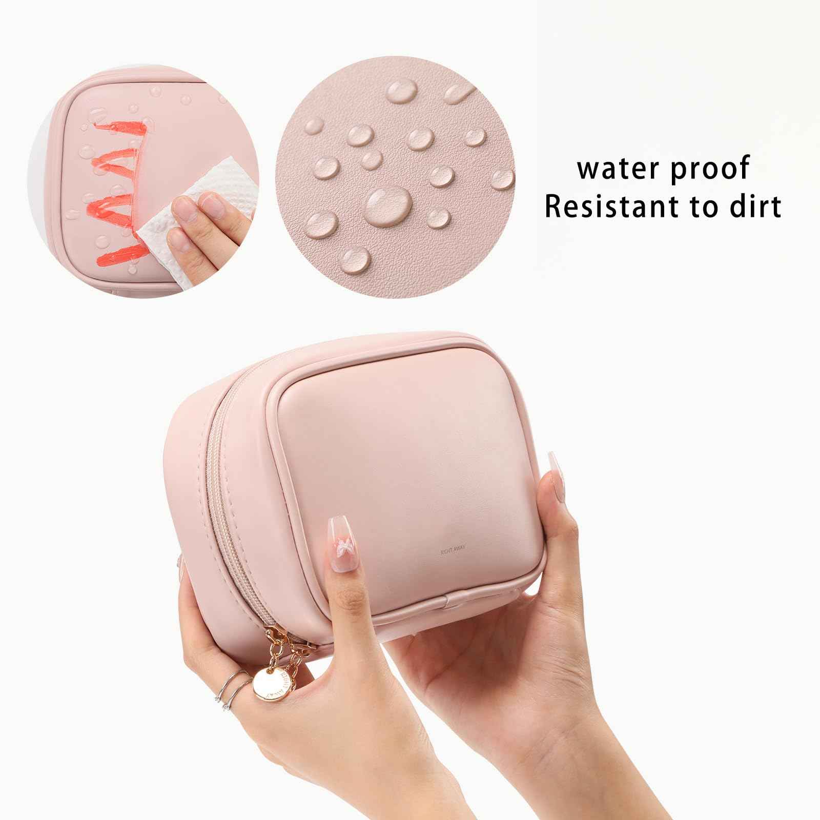 RIGHT AWAY Small Makeup Bag for Purse,Travel Cosmetic Bag Organizer for Women,Cute Make Up Pouch Waterproof Toiletry Bag with Zipper,Portable Makeup Case Skincare Bag for Travel Accessories(Pink)