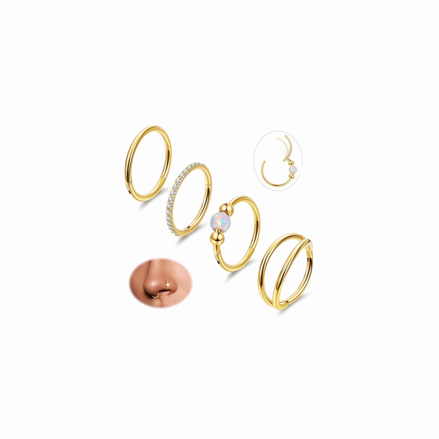 Masedy 4PCS 18G Surgical Steel Nose Ring Hoop for Women Men Hinged Double Nose Hoop CZ Opal Clicker Septum Nose Hoops Cartilage Conch Tragus Rook Ring Lip Daith Piercing Jewelry Gold Silver 7-9MM (Gold, 18G-8mm (Top Pick))