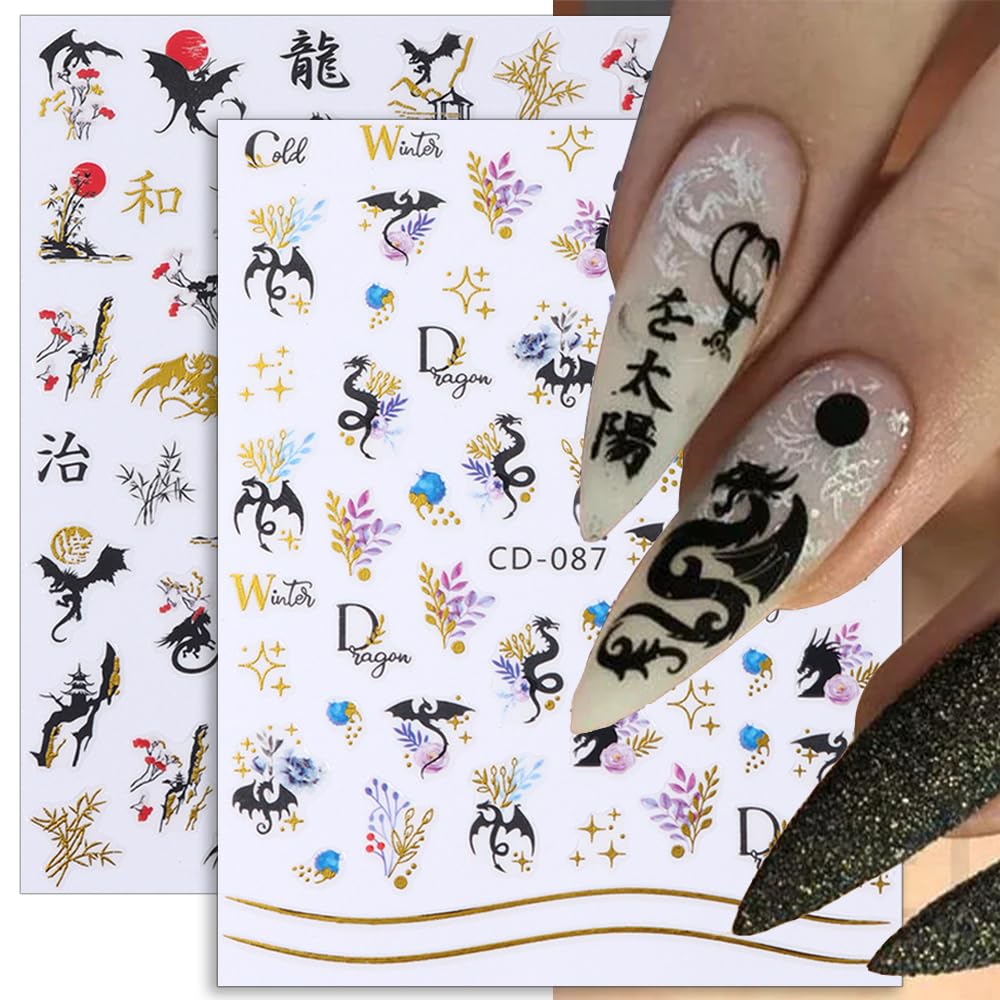 3D Gold Black Dragon Nail Stickers for Nail Art Chinese New Year Dragon Nail Art Stickers for Nail Designs Dragon Nail Decals Flying Dragons Nails Stickers Manicure Design Stickers for Nails Supply