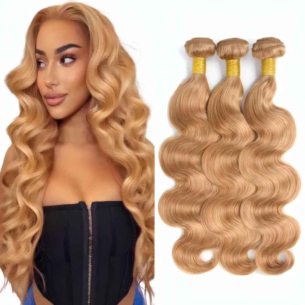 LOIUMGUU Honey Blonde Human Hair Bundles Color #27 Body Wave Bundles 8 10 12 Inch Double Weft Soft Unprocessed Brazilian Virgin Remy Double Weft Soft Real Blonde Hair Extensions