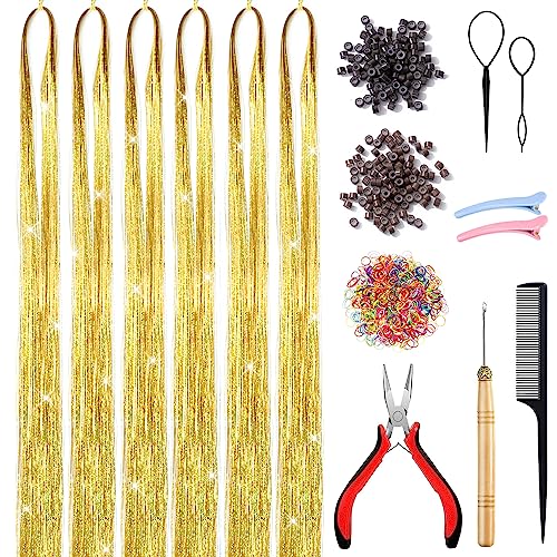 AIAIZHQH Hair Tinsel Kit Gold Fairy Hair Tinsel with Tools Tinsel Hair Extensions Heat Resistant 6Pcs 1400 Strands Sparkling Glitter Hair Extensions Hair Tensile Kit Hair Accessories for Women Girls