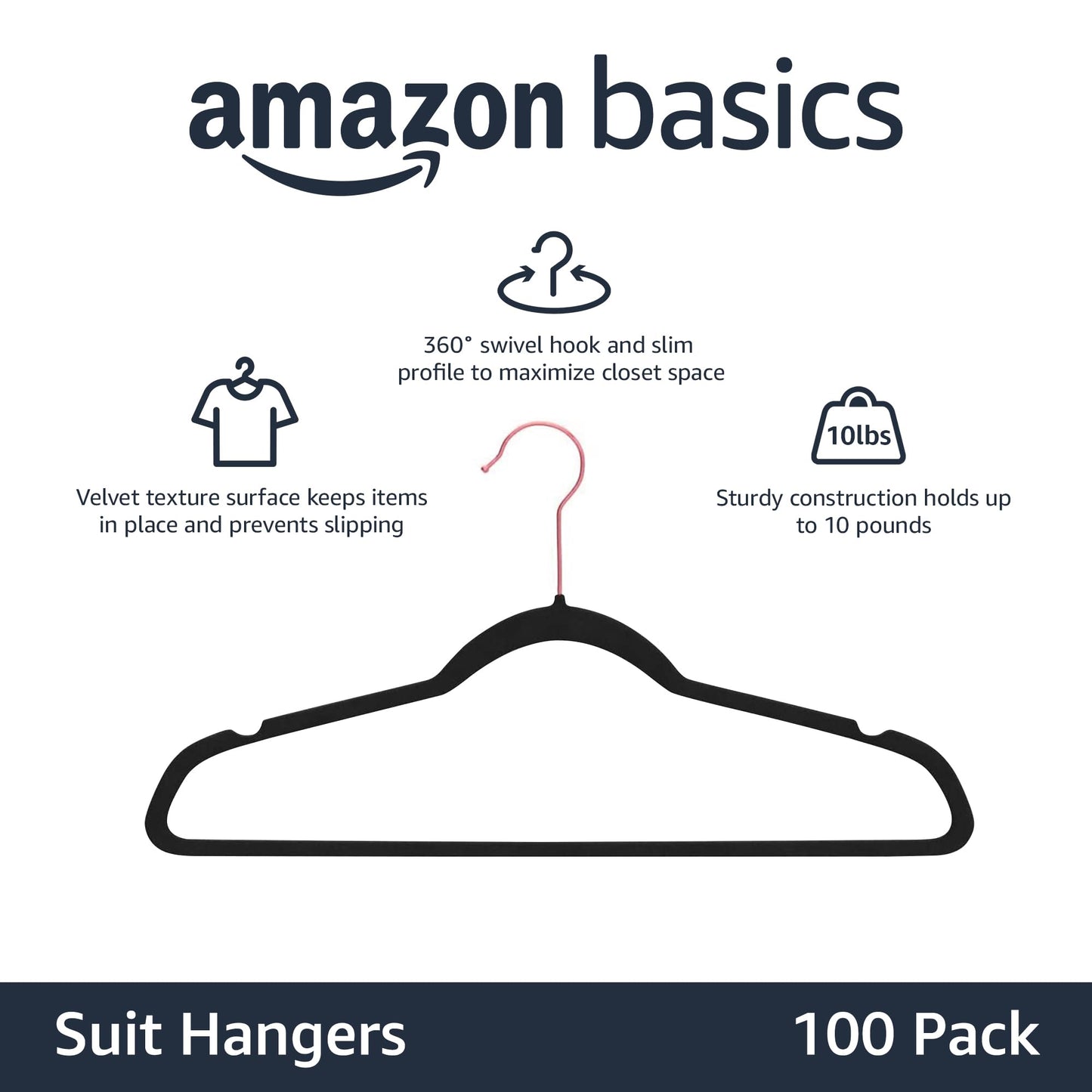 Amazon Basics Slim, Velvet, Non-Slip Suit Clothes Hangers, Black/Rose Gold - Pack of 100