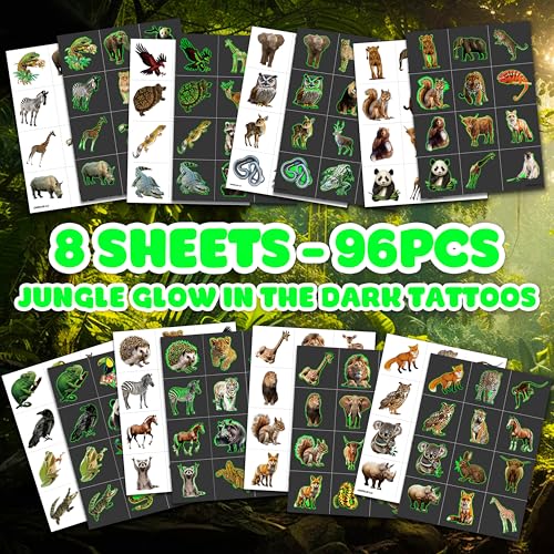 96 Glow in Dark Jungle Animal Temporary Tattoos Party Favors