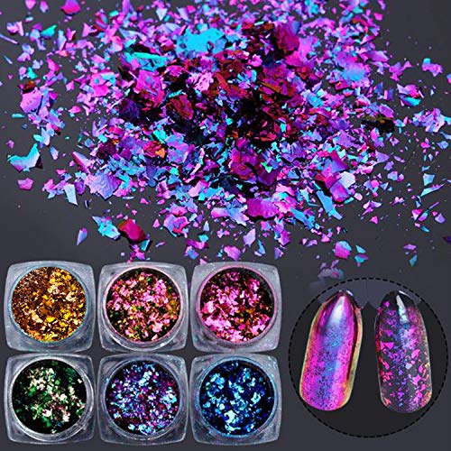 Iridescent Glitter Chameleon Nail Flakes Set Chrome Nail Powder Mirror Mermaid Effect Set 6 Jars (Dark Chameleon)