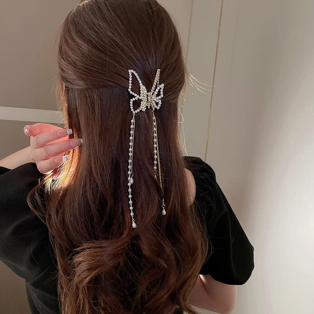 Jumwrit Gold Butterfly Hair Claw Clip Strong Hold Metal Hair Clip Pearl Chain Tassel Hair Claw Rhinestone Hair Clamp Fashion Hair Clip for Women Girls